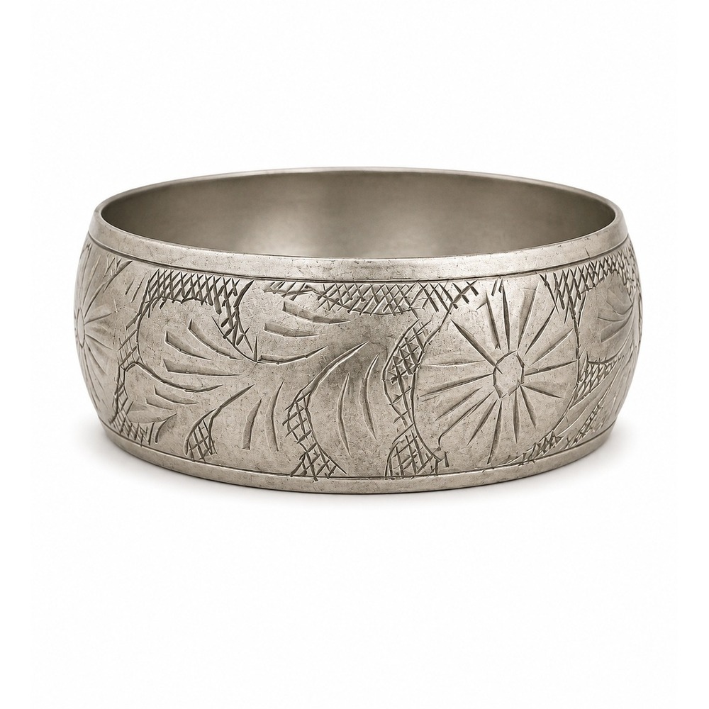 Vintage Silver Tone Wide Etched Floral Bangle Bracelet Boho Statement Jewelry